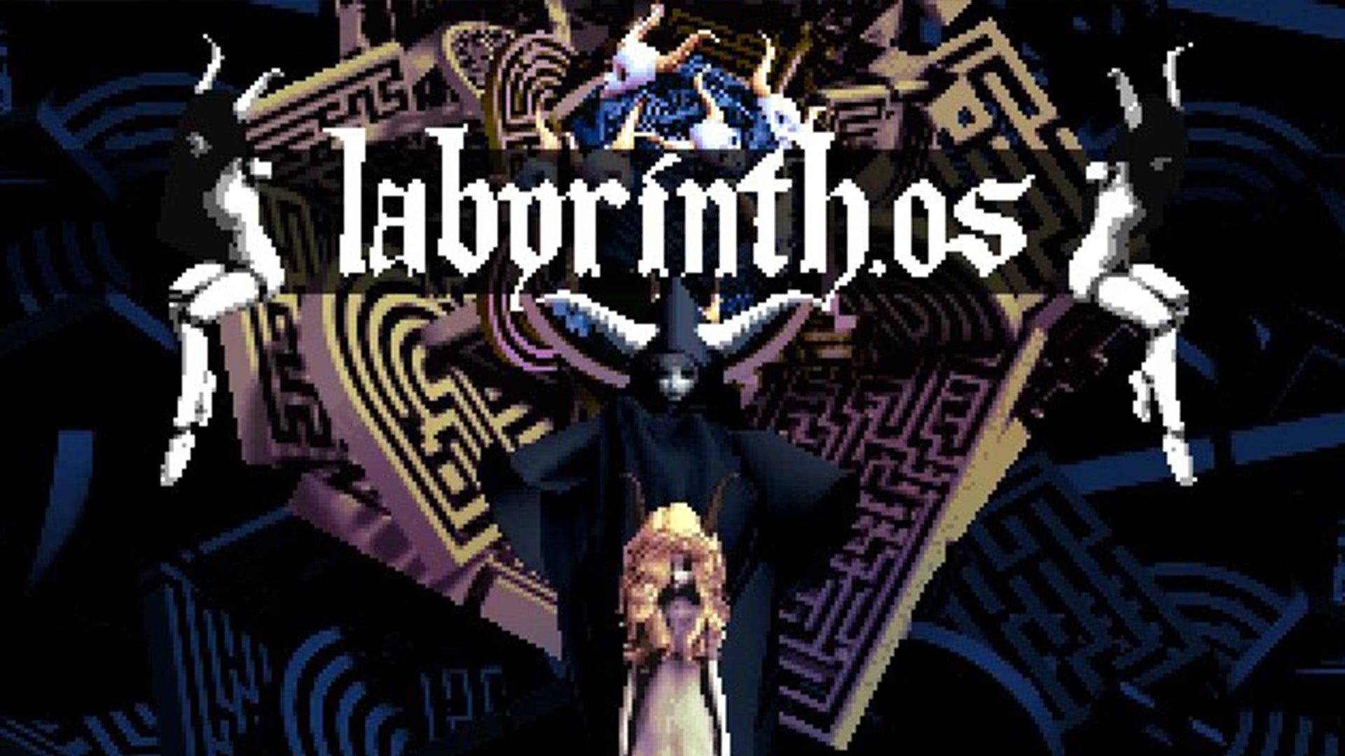 A horned, hooded figure stands behind a blonde haired, doll-looking feminine figure, the logo for Labyrinth.os superimposed above them, all in front of a surreal background.