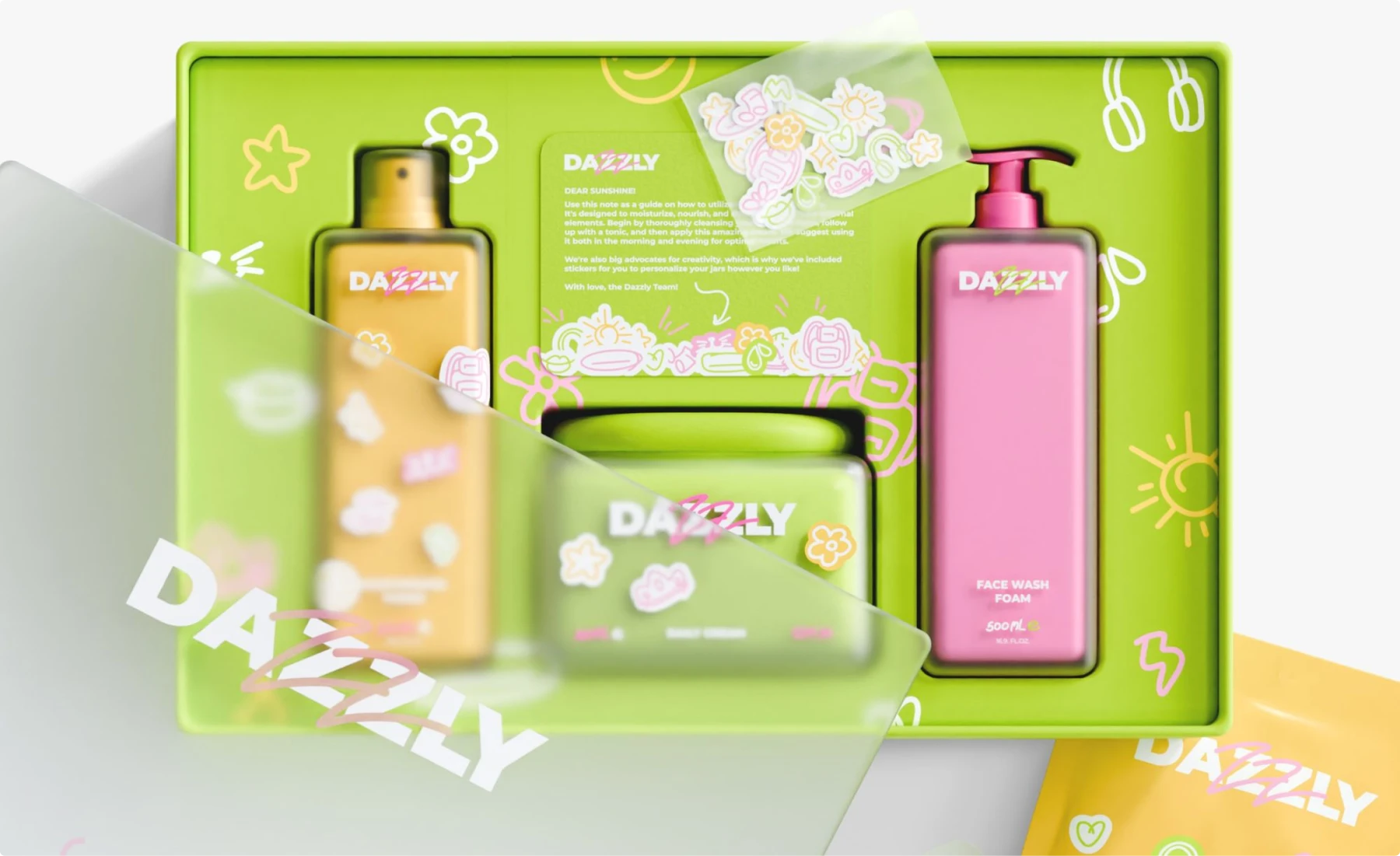 Bright green gift box containing Dazzly skincare products with playful sticker illustrations covering the interior, featuring yellow, pink, and green bottles with whimsical doodle-style graphics and brand messaging