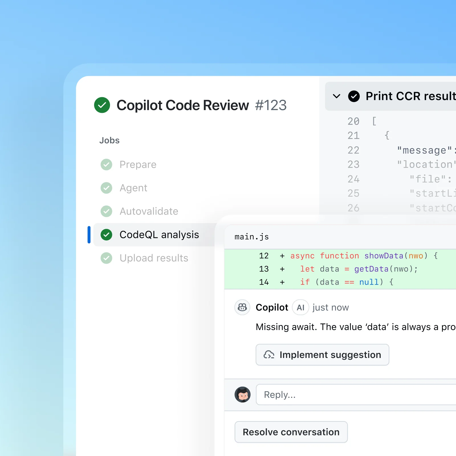 Product UI image of a Copilot code review running through CodeQL analysis.