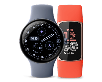 A Google Pixel Watch 4 in Moonstone and a Fitbit Charge 6 in Coral, placed side by side.