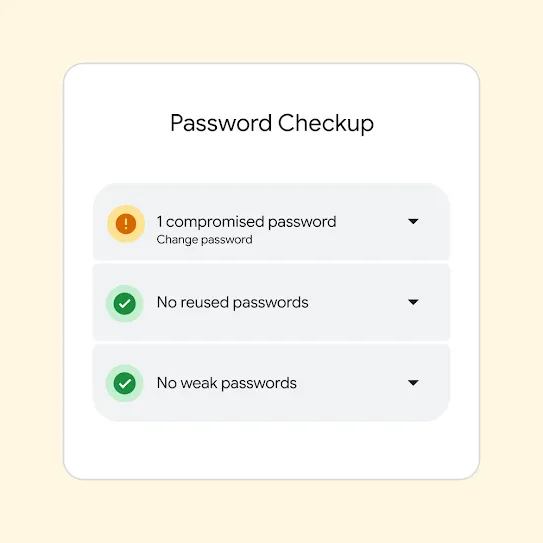 Interface for Password Checkup displaying results including “1 compromised password” and a suggestion to change that password.