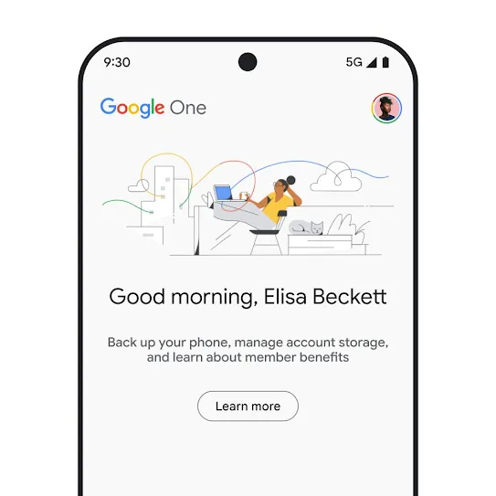 Visual of a smartphone screen with Google One open, displaying a personalized welcome message and an informational message about account storage, including phone backups and member benefits, with a link to learn more.