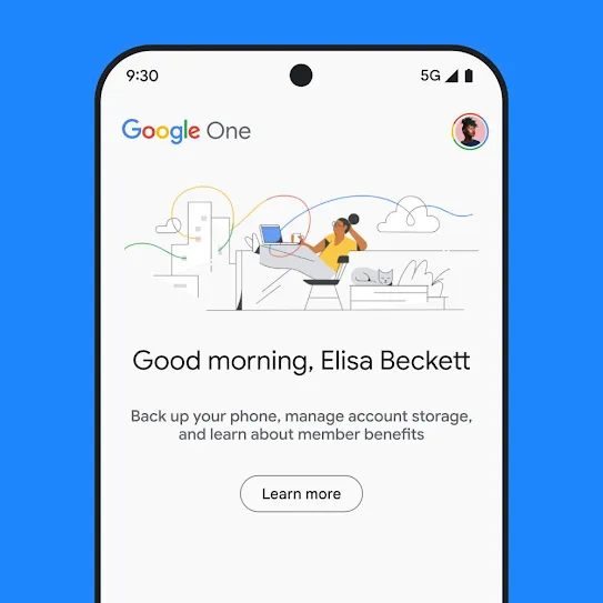 Visual of a smartphone screen with Google One open, displaying a personalized welcome message and an informational message about account storage, including phone backups and member benefits, with a link to learn more.