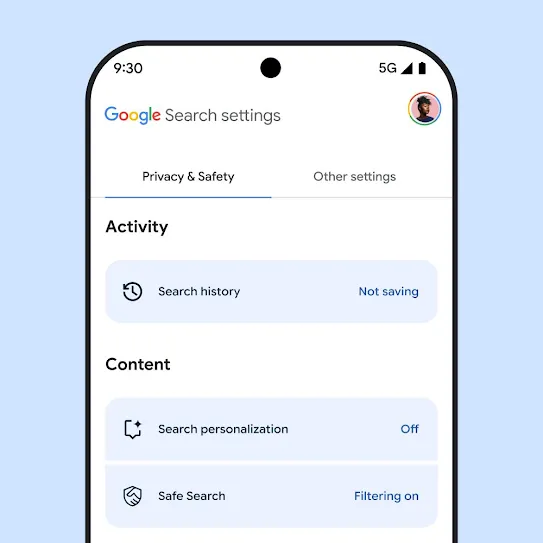 Visual of Google Search settings on smartphone screen, including settings for Search history, Search personalization, and Safe Search.