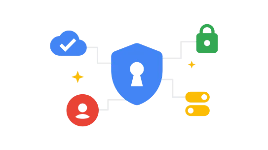 Graphic with blue shield with keyhole in the center surrounded by blue cloud, red profile, yellow toggle, and green padlock icons.