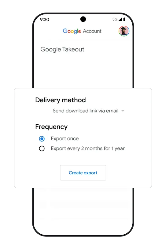 Phone graphic with data portability options UI.